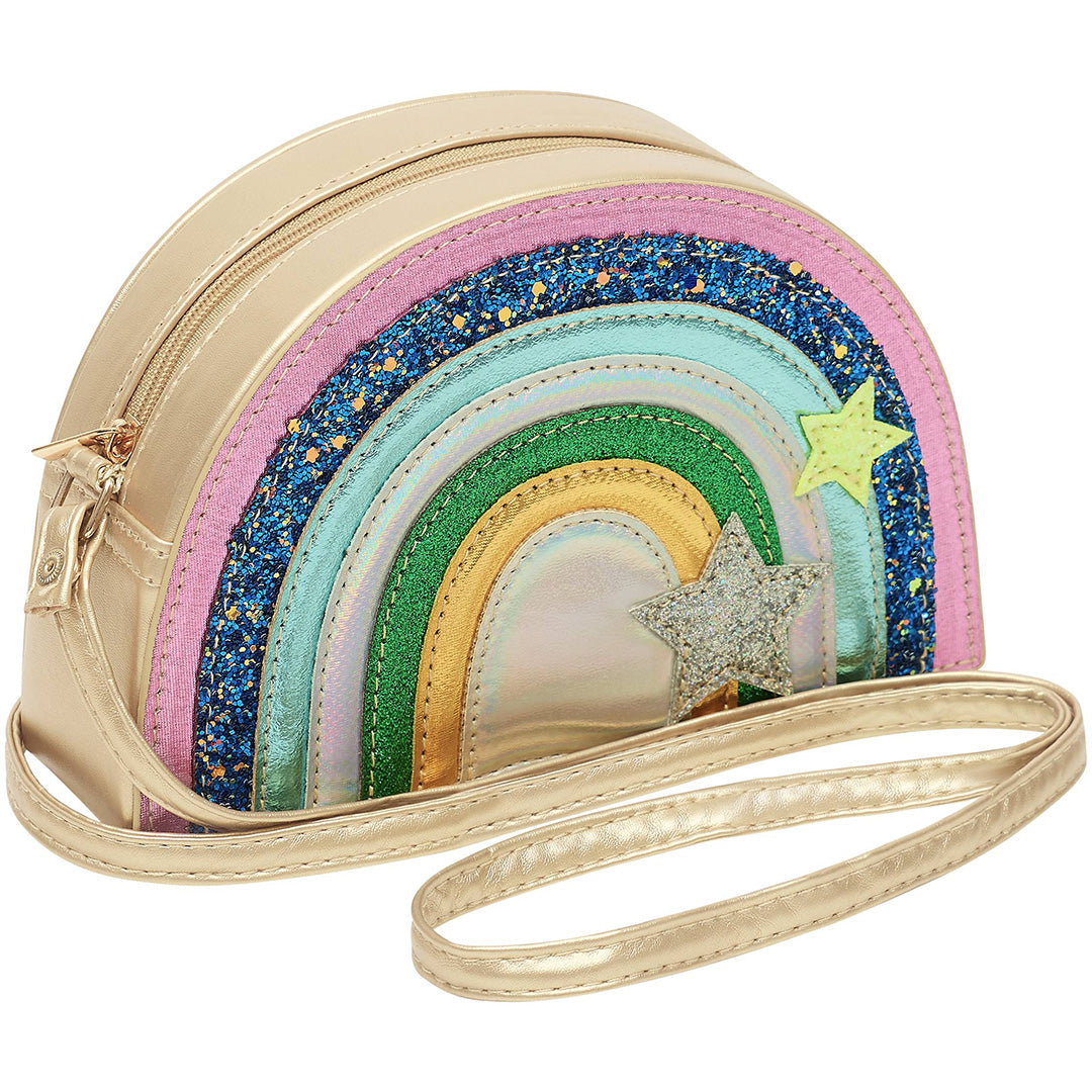 mimi & lula schoudertasje in de vorm van een regenboog met glitter en sterren.
