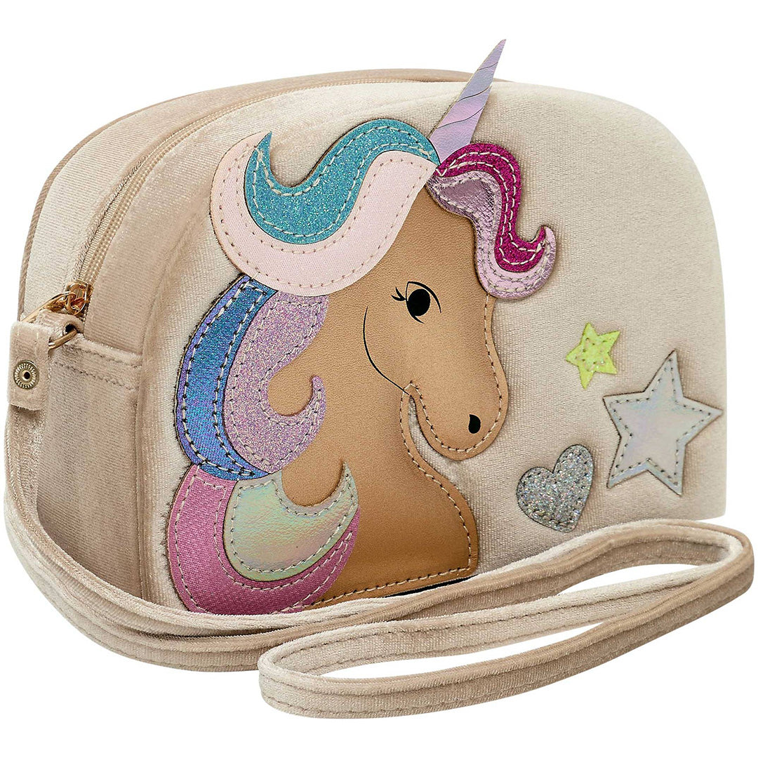 Mimi & Lula beige fluwelen schoudertasje met een eenhoorn, sterren en harten.