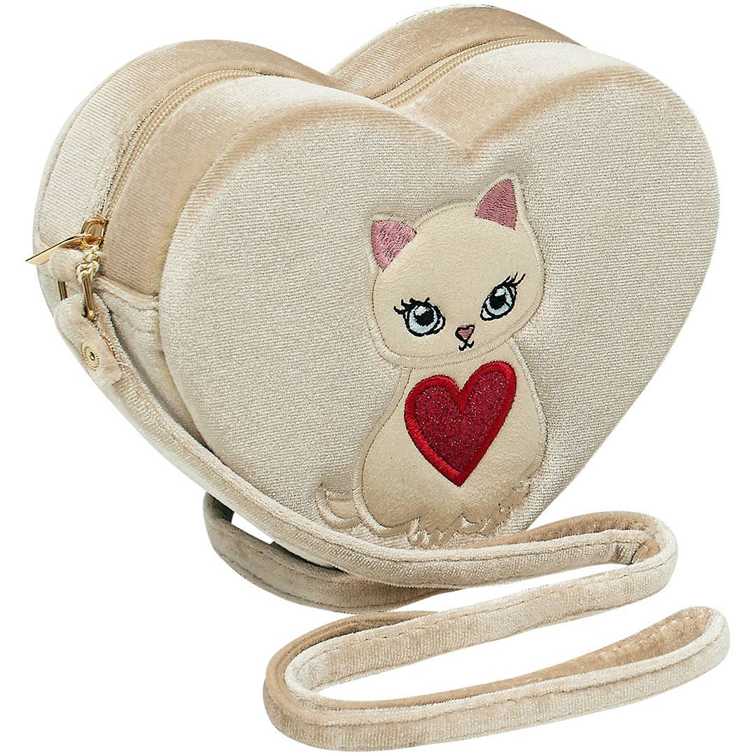 Mimi & Lula beige fluwelen hartvormig schoudertasje met geborduurde kat en rood hart.