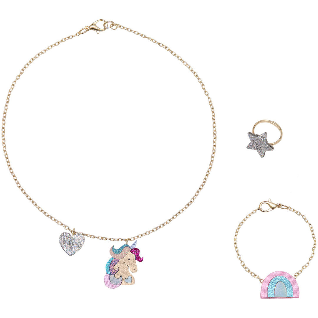 mimi & lula kinder sieradenset met een ketting met eenhoorn en hart, een sterrenring en een regenboog armband.
