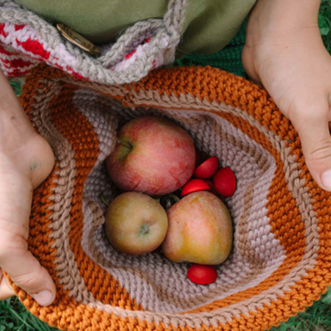 Handen houden een mandje met appels en Grapat houten halve bollen.