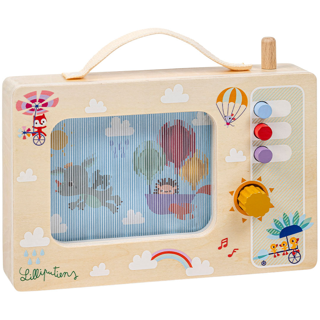 Lilliputiens houten geanimeerde muziekdoos met vliegende dieren, wolken en een regenboog.