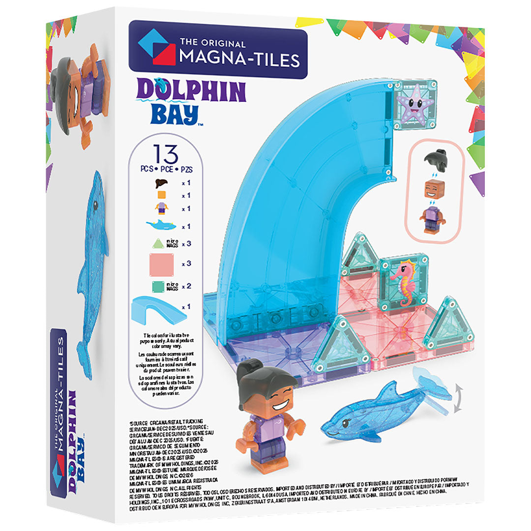 Achterkant van de verpakking van de Magna-Tiles Dolphin Bay magnetische tegels bouwset met een overzicht van de onderdelen.