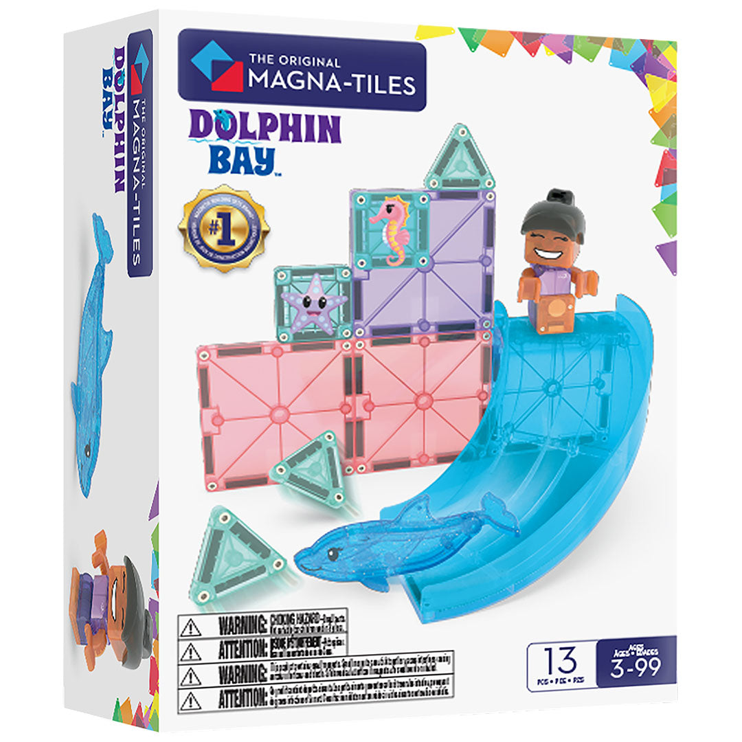 Verpakking van de Magna-Tiles Dolphin Bay magnetische tegels bouwset met een dolfijn en een figuurtje.