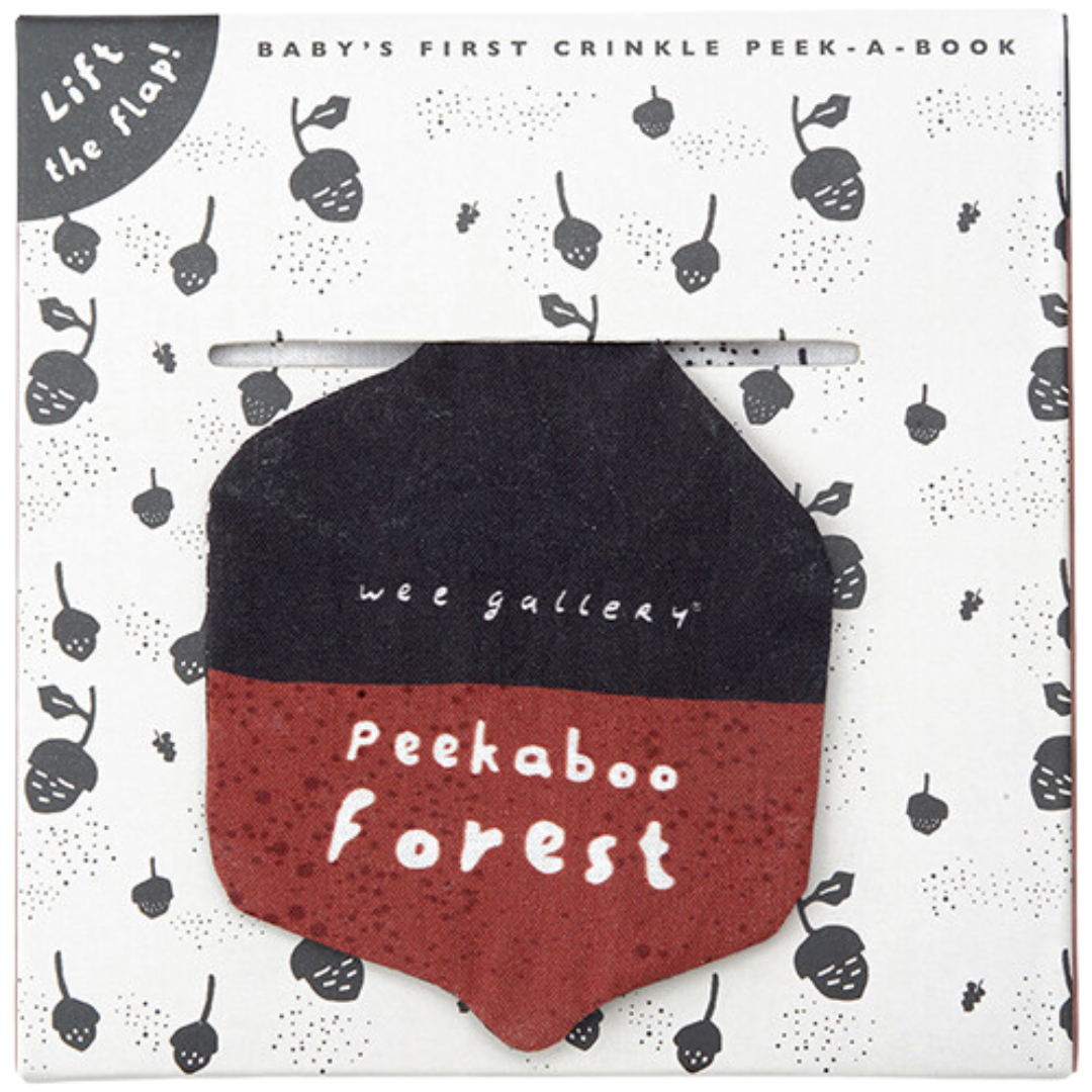 Verpakking van het Wee Gallery knisperboekje Peekaboo Forest met een eikelvormige flap.