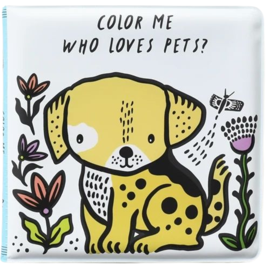 Voorkant van het Wee Gallery badboekje 'Who Loves Pets?' met een gele cartoonhond en bloemen.