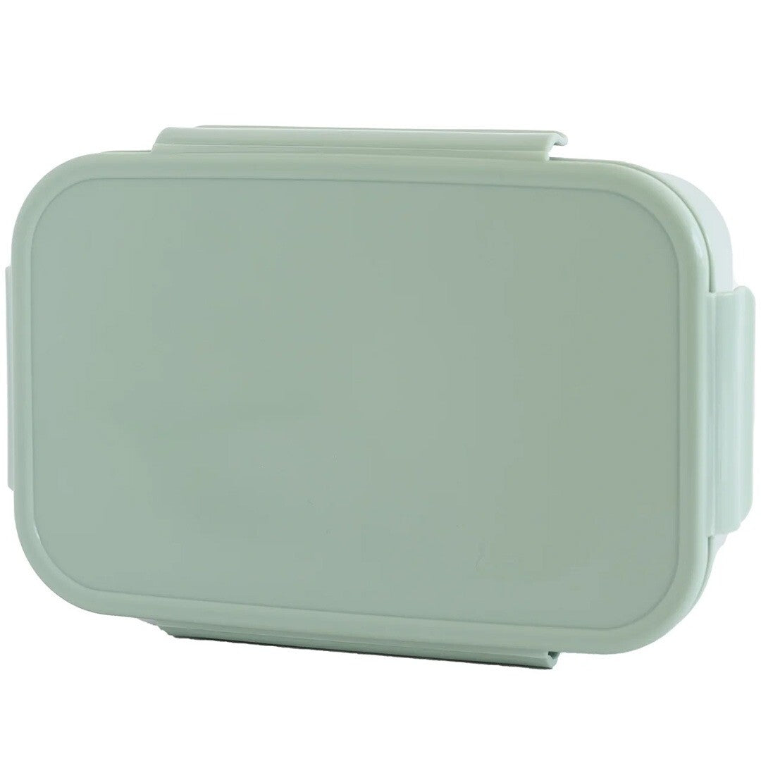 3 sprouts groene bento broodtrommel, gesloten en schuin gefotografeerd.