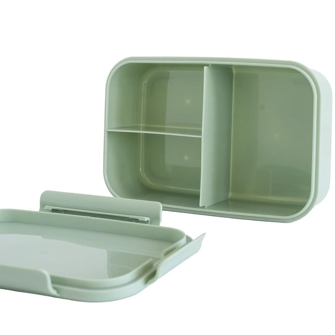 Open 3 sprouts groene bento broodtrommel met interne vakken en de deksel ernaast.