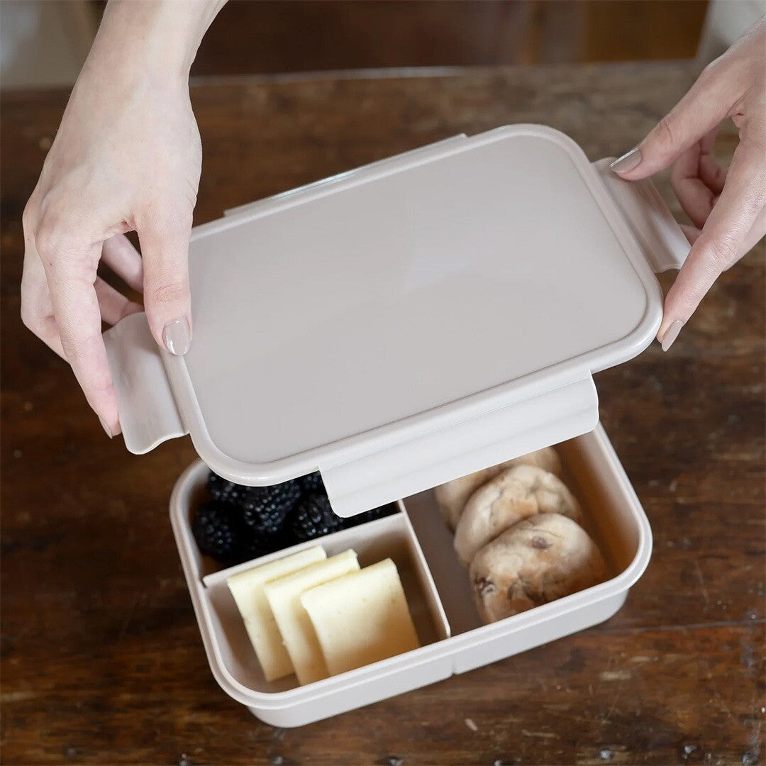 Handen openen de 3 sprouts bento broodtrommel gevuld met bessen, kaas en koekjes.