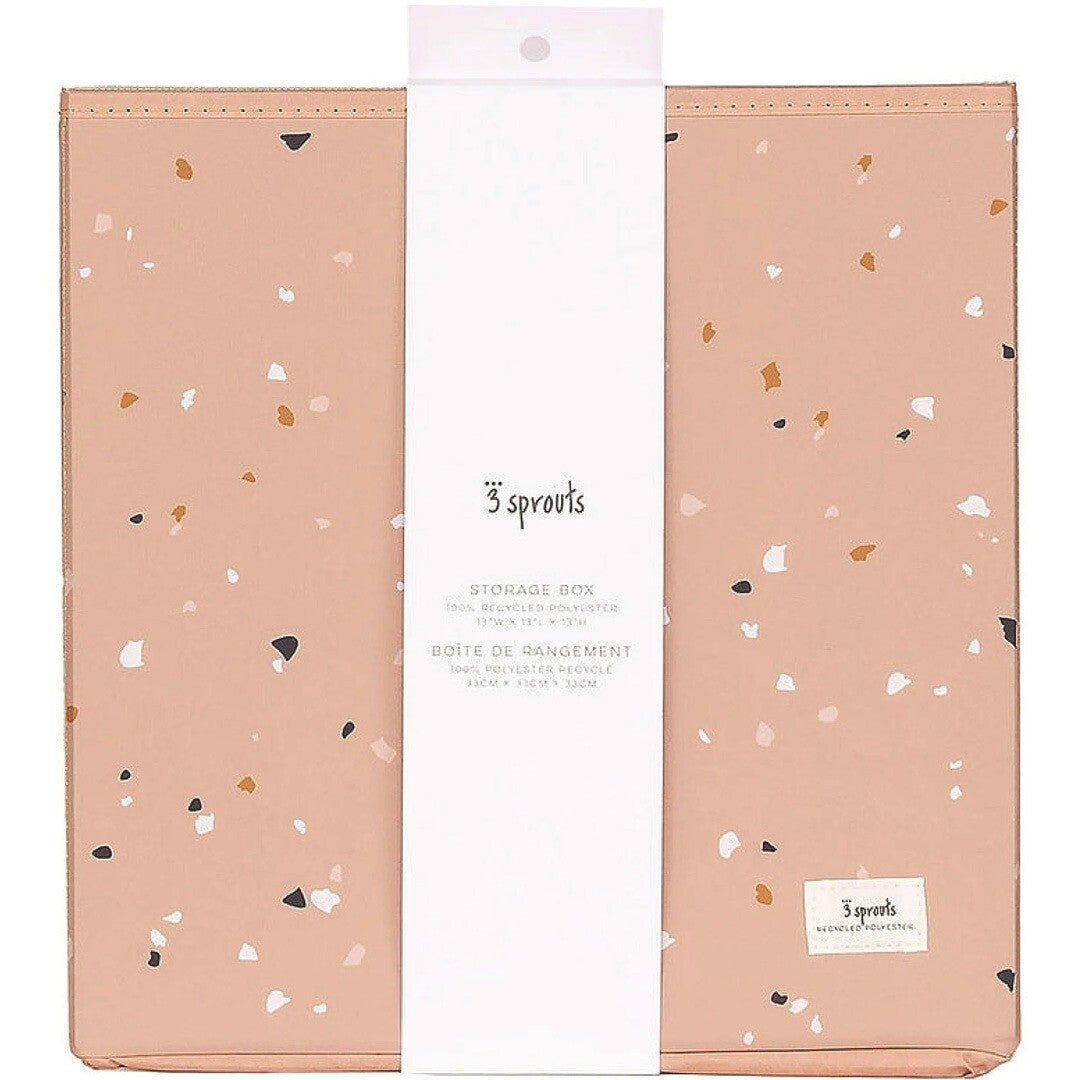 Verpakking van de 3 sprouts opbergdoos in roze met abstract terrazzo patroon.