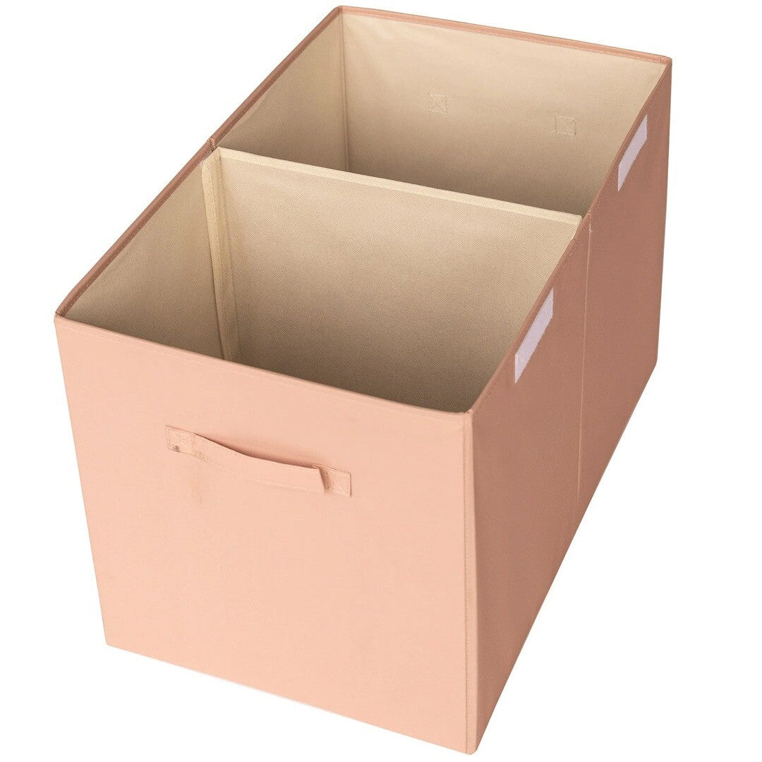 Open beige opbergdoos met een interne verdeler en handvatten.