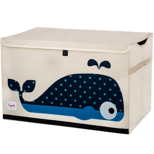 3 sprouts beige speelgoedmand met een blauwe walvis met stippen en een deksel.