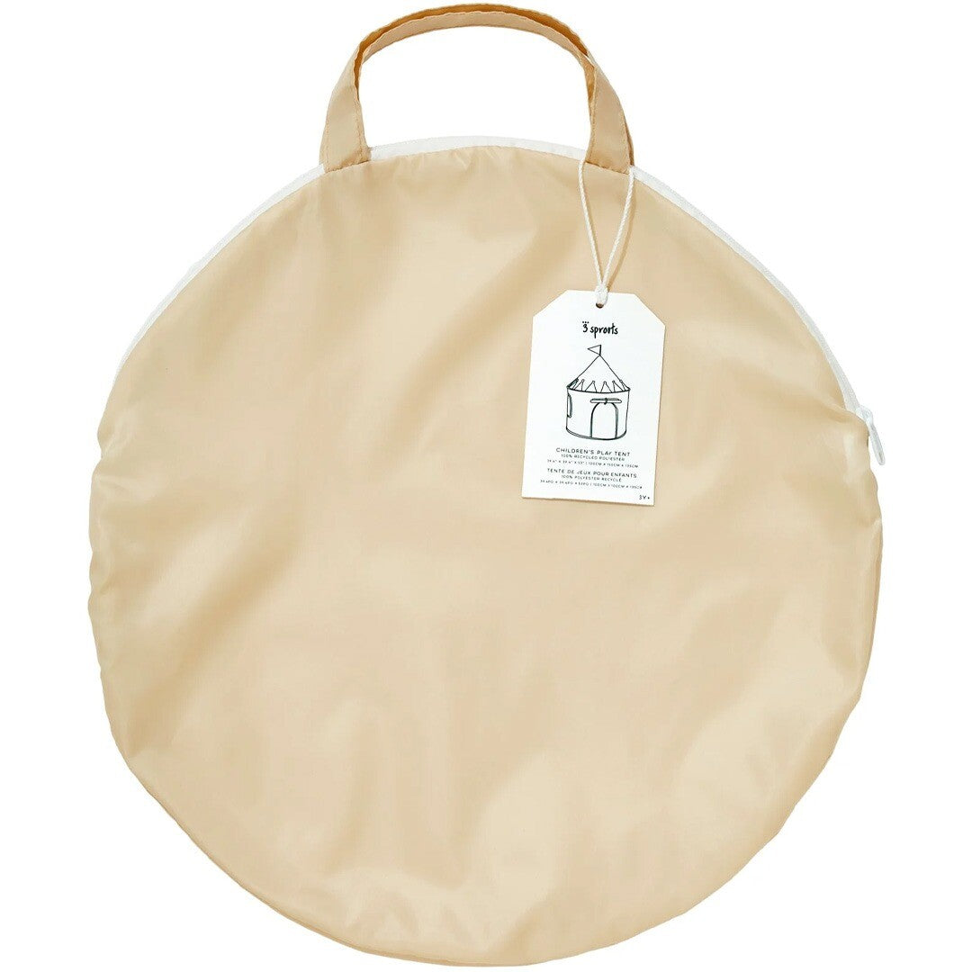 De 3 sprouts speeltent opgevouwen in een ronde beige draagtas met handvat en productlabel.
