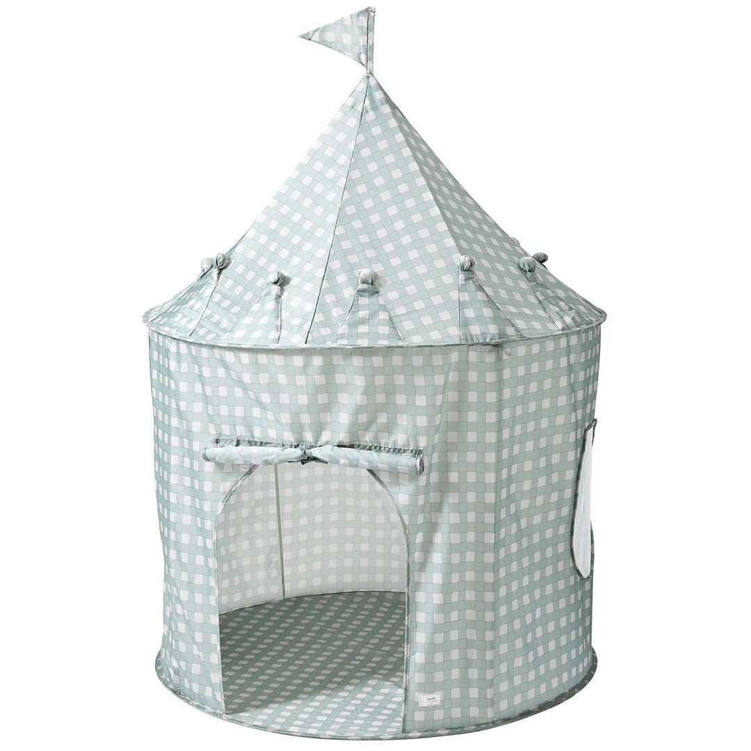 3 sprouts speeltent kasteel met blauw-wit geruit patroon en vlag op een witte achtergrond.
