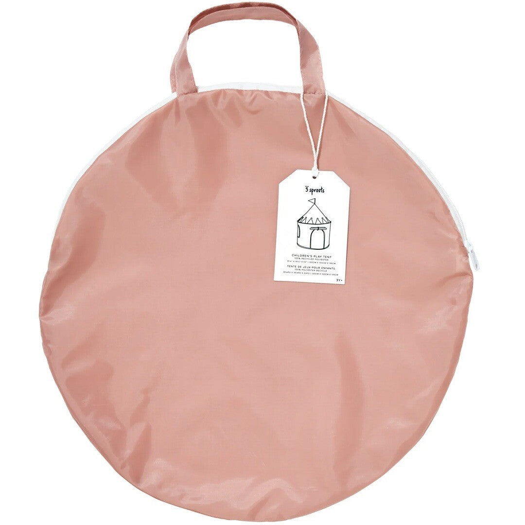 Verpakking van de 3 sprouts roze kasteel speeltent, opgevouwen in een ronde draagtas.