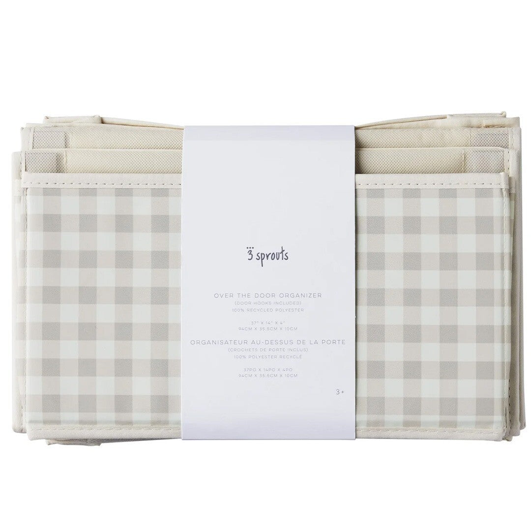 Verpakking van de 3 sprouts over-the-door organizer in beige geruit patroon.