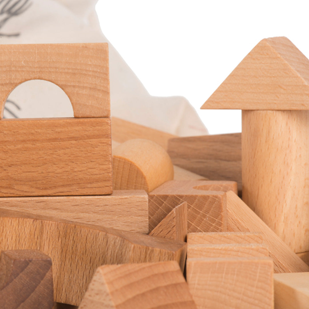 Detail van verschillende vormen Wooden Story houten bouwblokken.