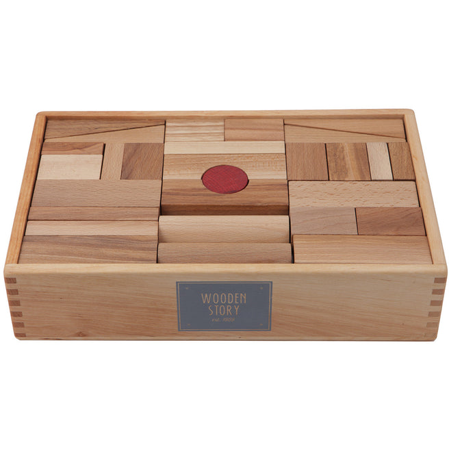 Wooden Story houten bouwblokken XL in een houten kist, met diverse vormen en een rood rond blok.