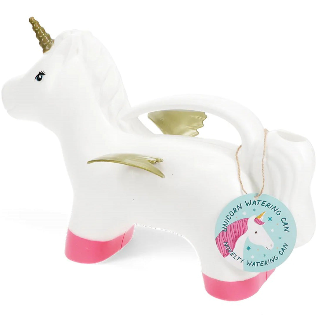 Rex London eenhoorn gieter met roze hoeven en gouden hoorn, met productlabel.