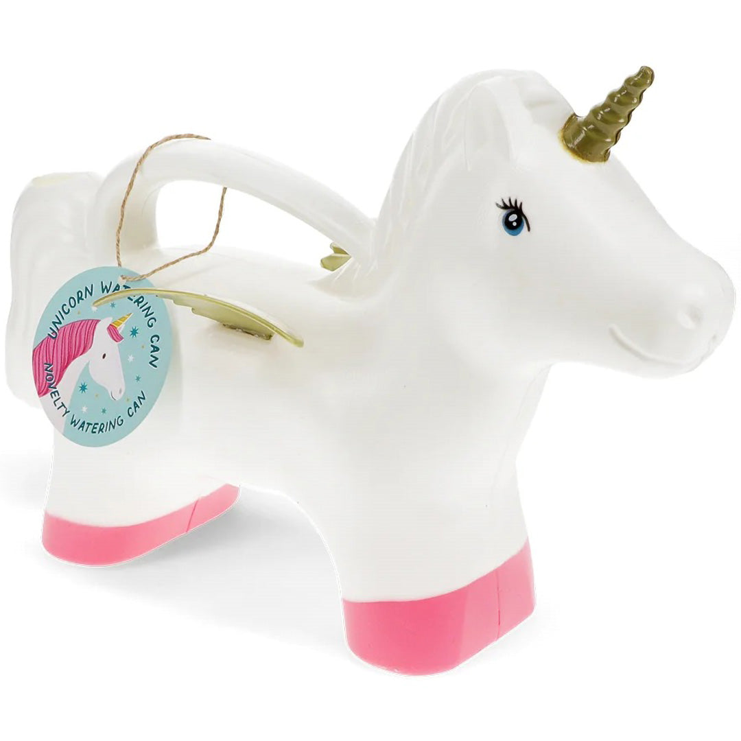 Rex London eenhoorn gieter met roze hoeven en gouden hoorn, met productlabel.