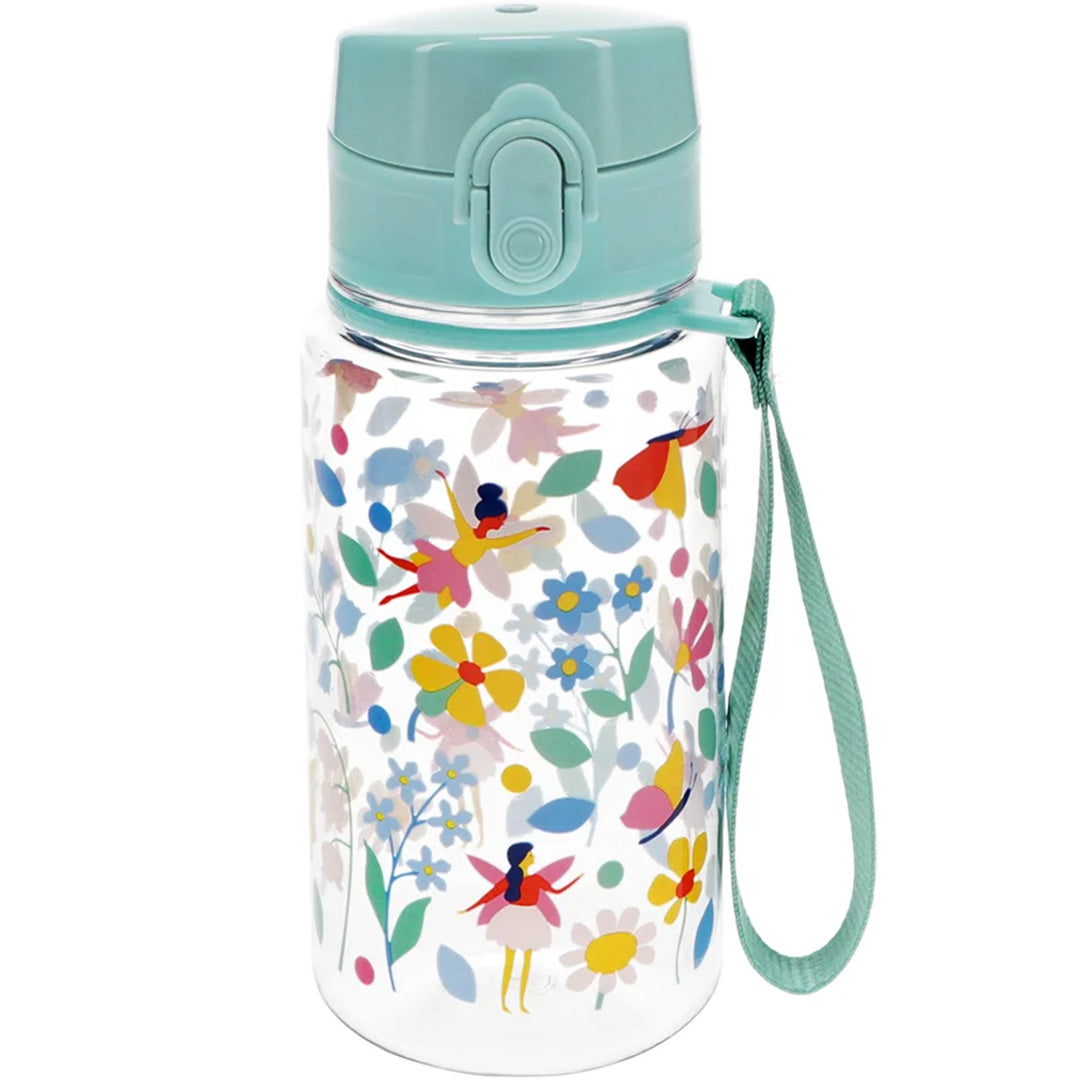 Rex London drinkfles met een patroon van feeën en bloemen, met een lichtblauwe dop en draagband.