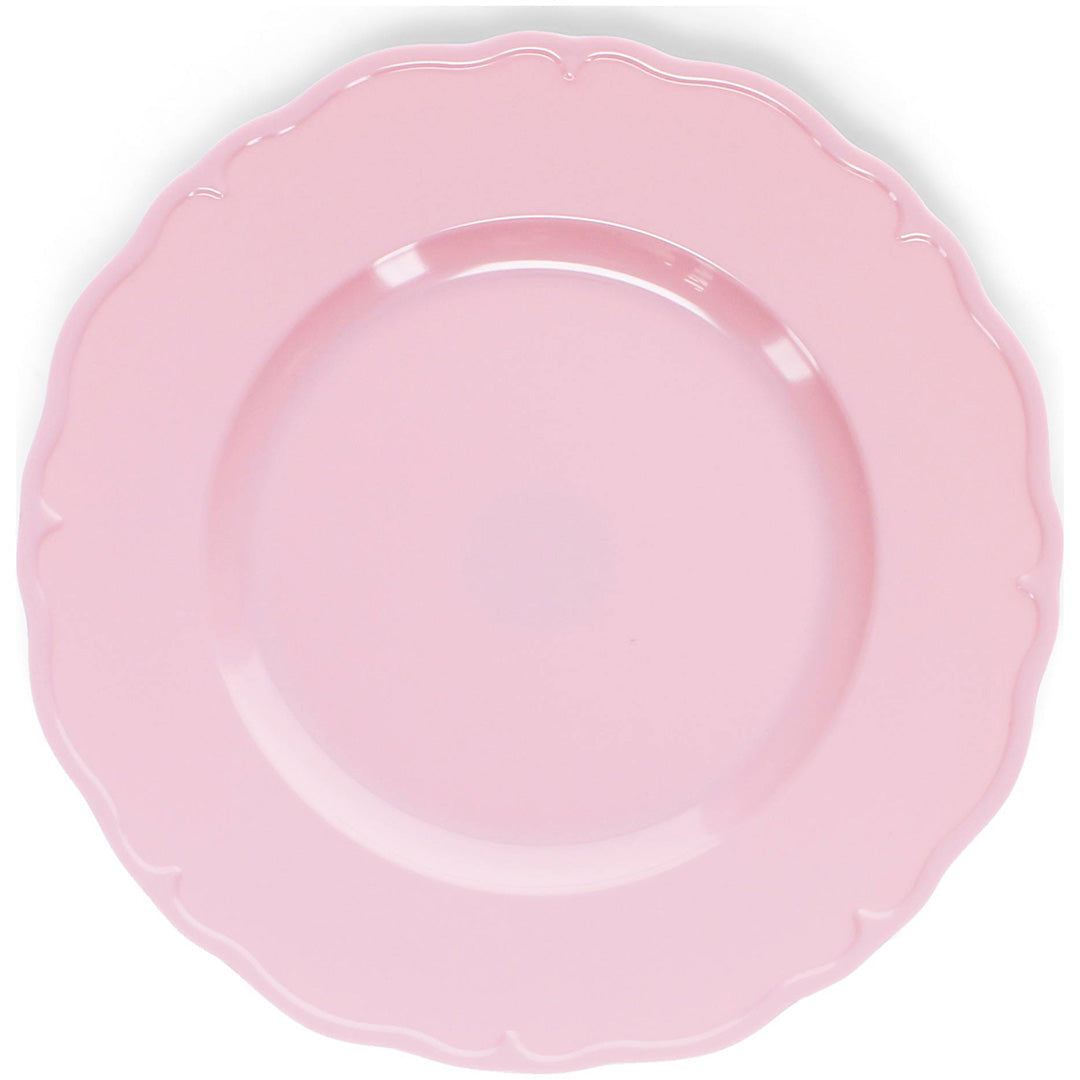 Rex London roze melamine kinderbord met geschulpte rand, van bovenaf gezien.