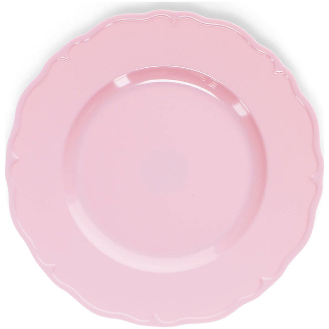 Rex London roze melamine kinderbord met geschulpte rand, van bovenaf gezien.