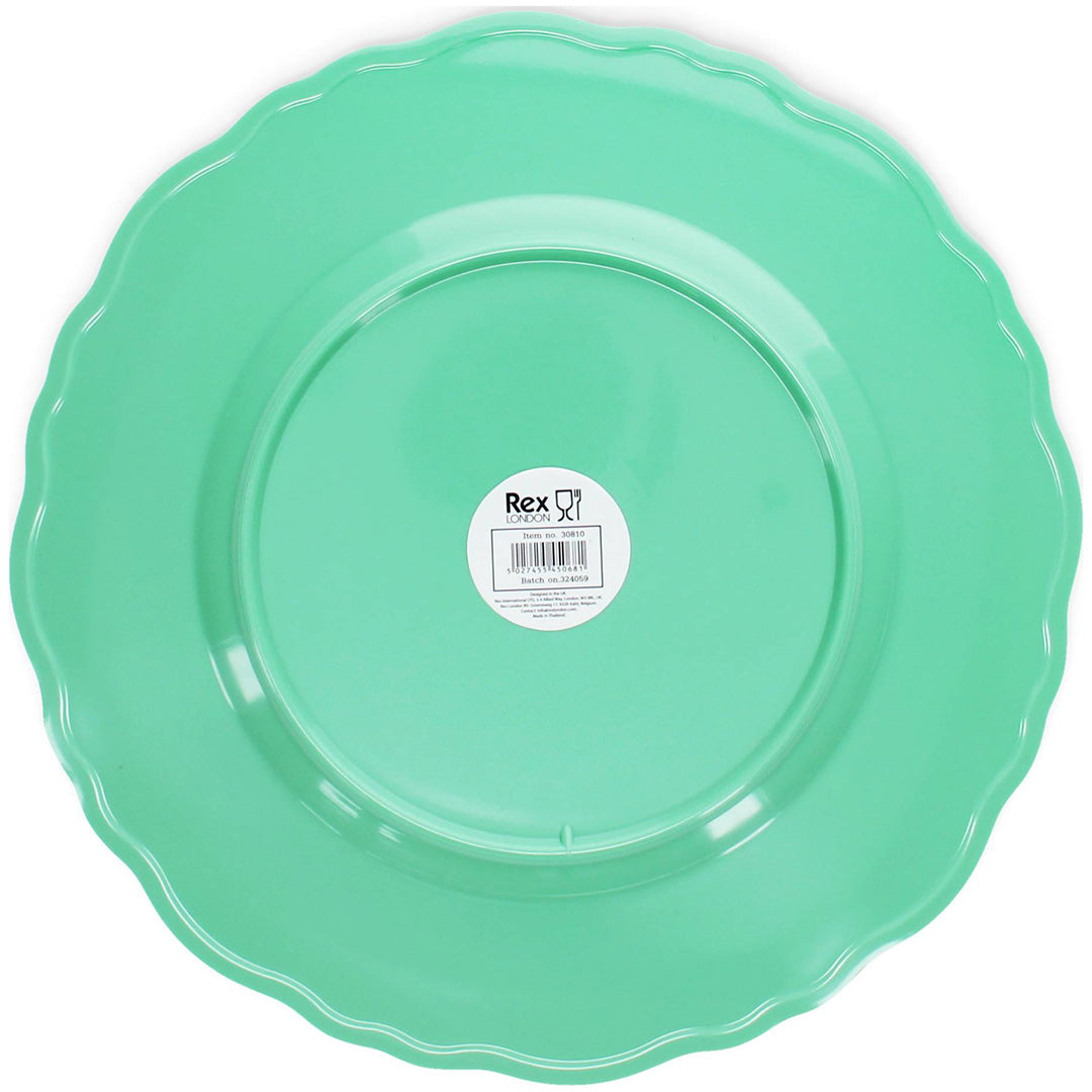 De achterkant van het Rex London melamine kinderbord met een productsticker.