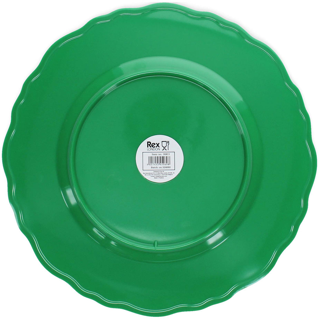 De achterkant van het Rex London felgroene melamine kinderbord met productsticker.