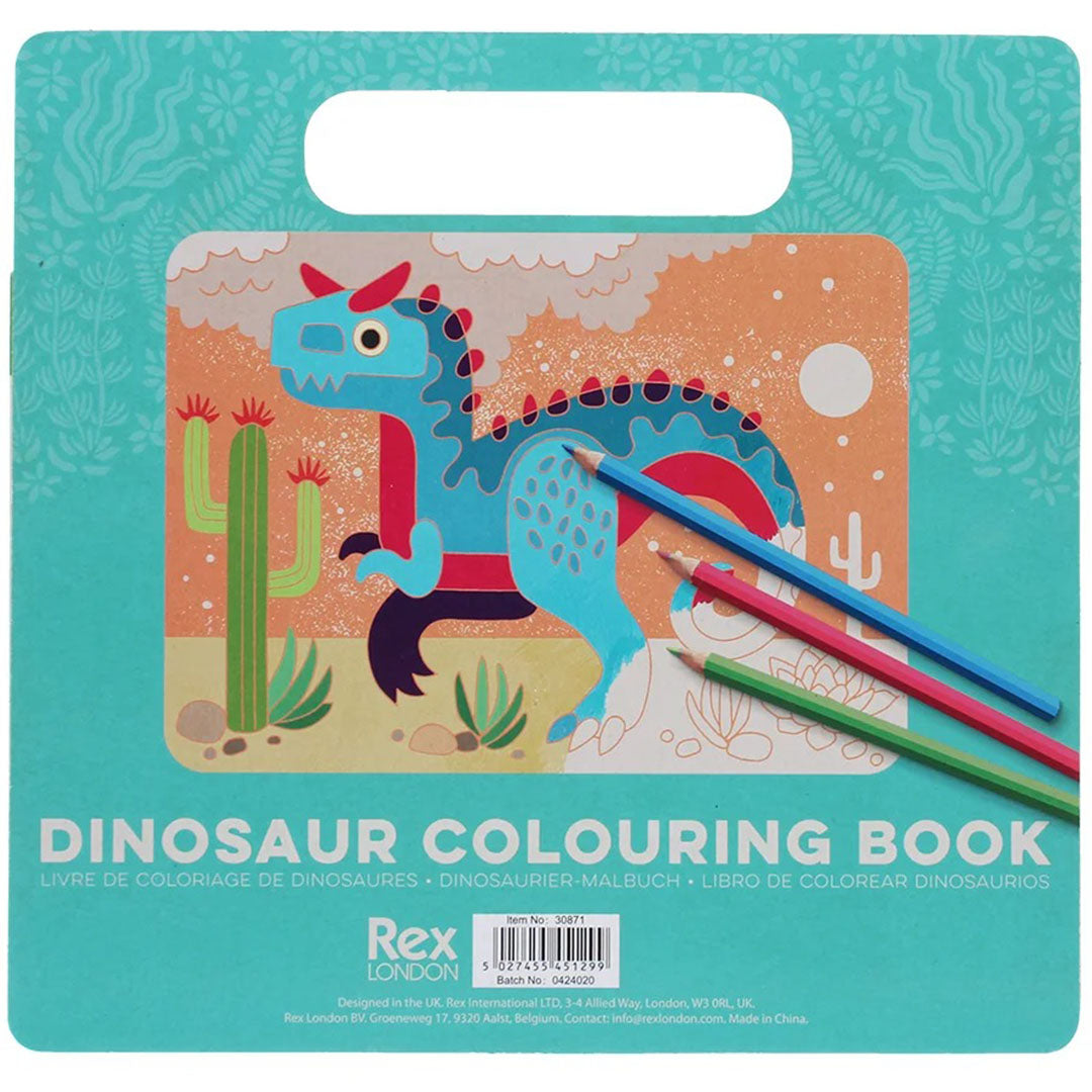 De achterkant van het Rex London dinosaurus kleurboek met een blauwe dinosaurus en cactussen.