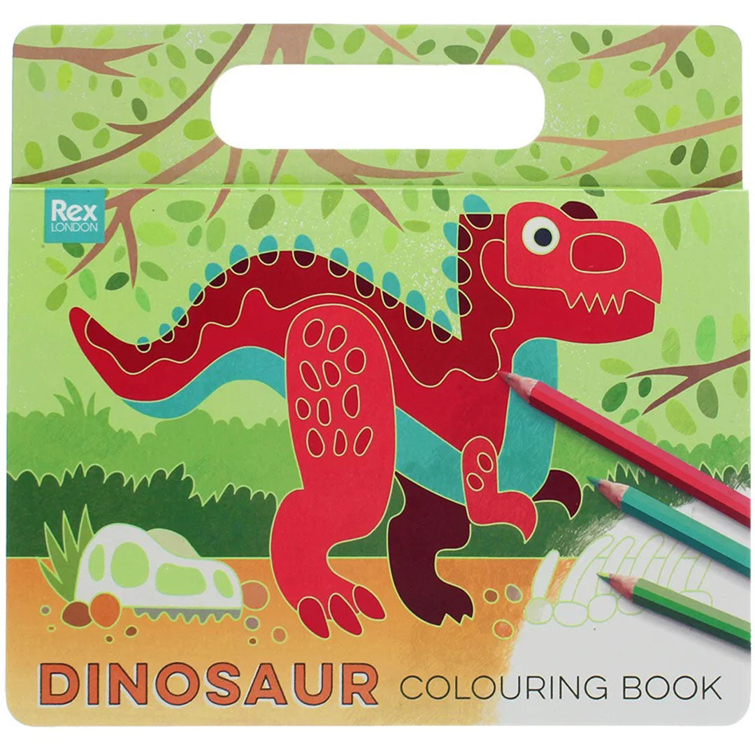 Rex London dinosaurus kleurboek, gezien vanaf de voorkant met een rode dinosaurus en potloden.