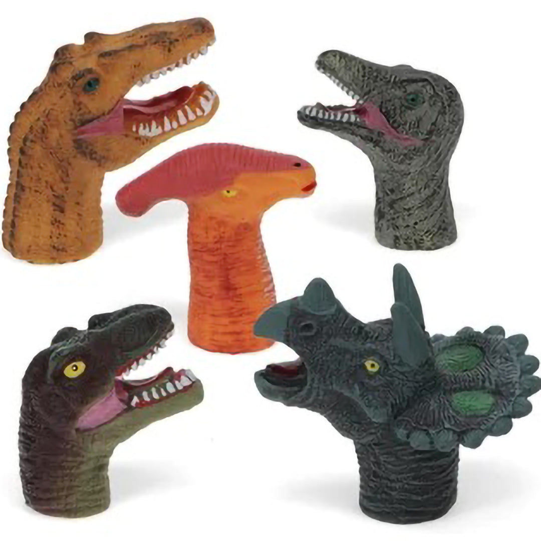 Vijf verschillende Rex London dinosaurus vingerpoppetjes liggen los van elkaar.