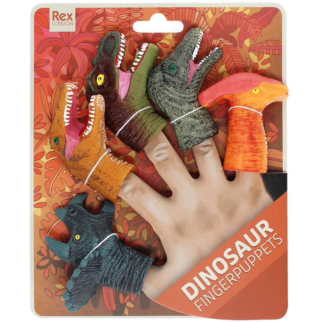 De verpakking van de Rex London dinosaurus vingerpoppetjes, met de vijf poppetjes zichtbaar op een kartonnen kaart.
