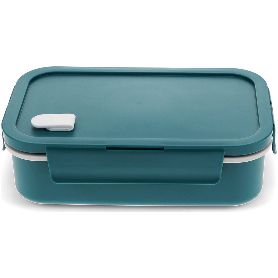 Rex London gesloten blauwgroene broodtrommel met witte sluiting.