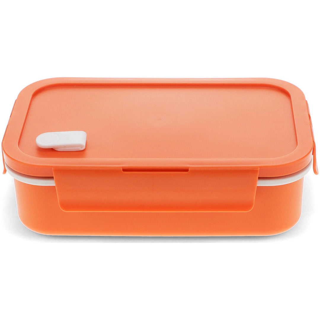 Rex London oranje broodtrommel met witte sluiting, gesloten.