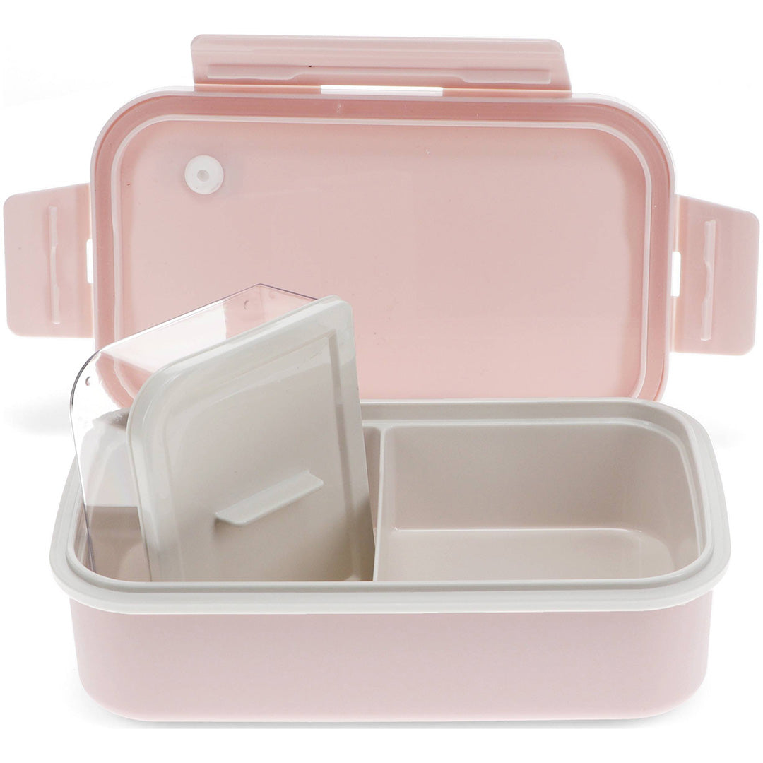 Rex London roze broodtrommel open, met twee compartimenten en een los bakje erin.