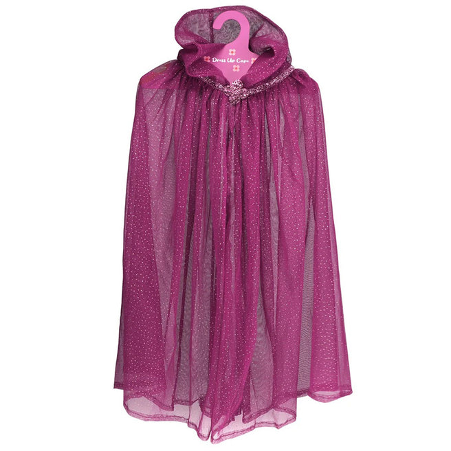 Rex London kinder verkleedcape met capuchon en glitters, hangend aan een roze hanger.