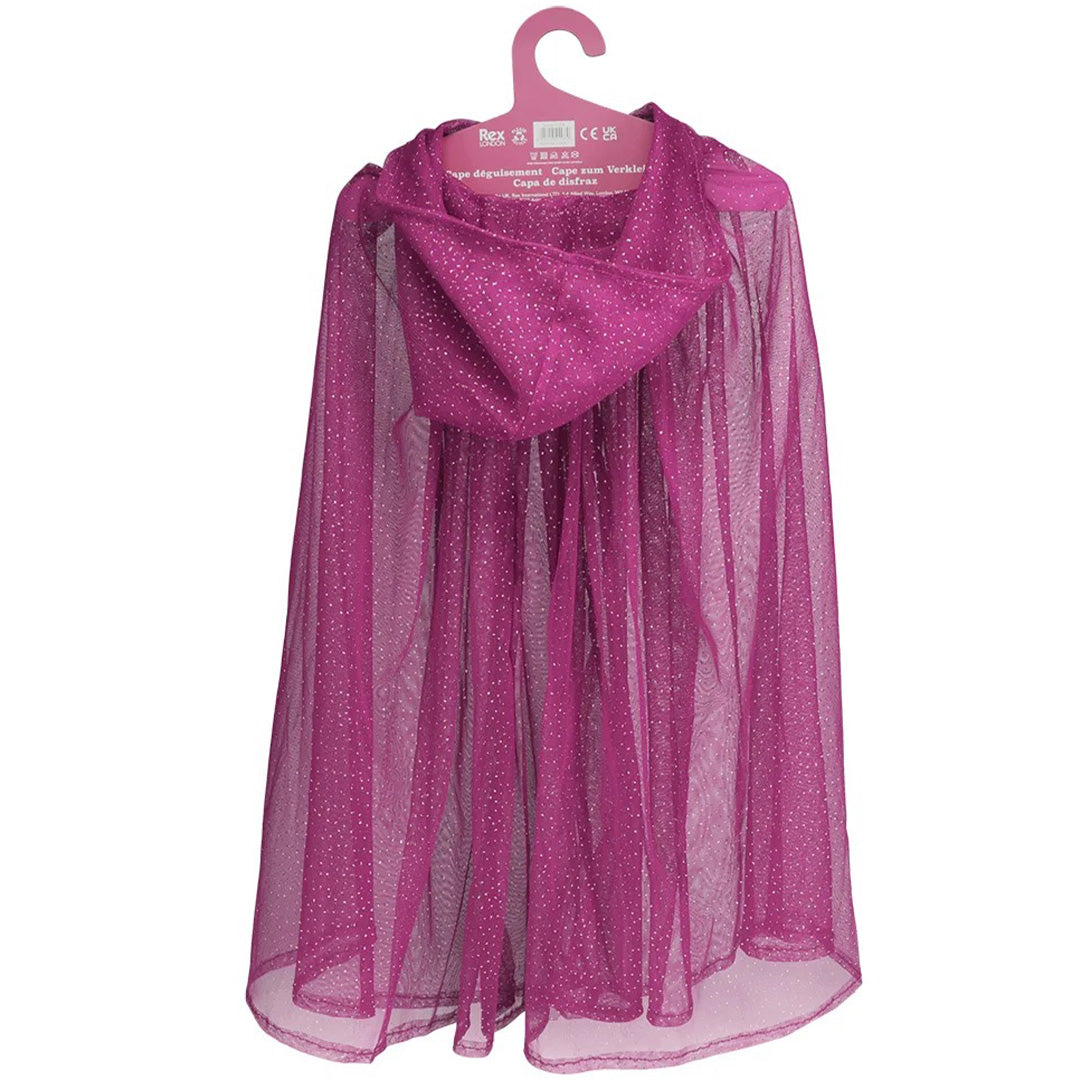 Rex London kinder verkleedcape met capuchon en glitters, van achteren gezien en hangend aan een hanger.