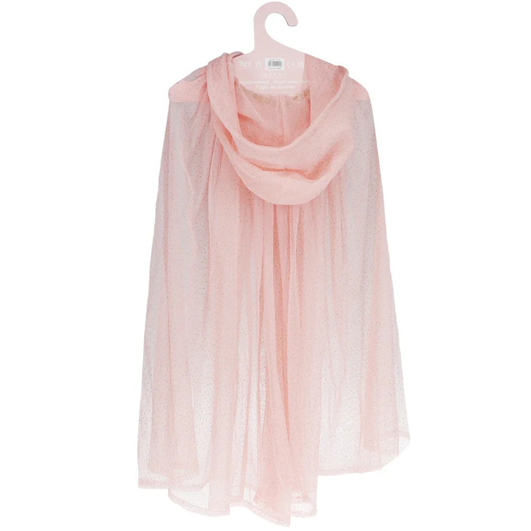 De achterkant van de Rex London lichtroze glitter verkleedcape met capuchon, hangend aan een roze hanger.