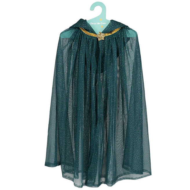 Rex London groene glitter verkleedcape voor kinderen met gouden ster sluiting, hangend aan een hanger.