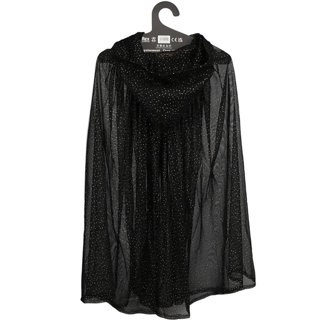 Achterkant van de Rex London zwarte glitter verkleedcape voor kinderen, hangend aan een hanger.