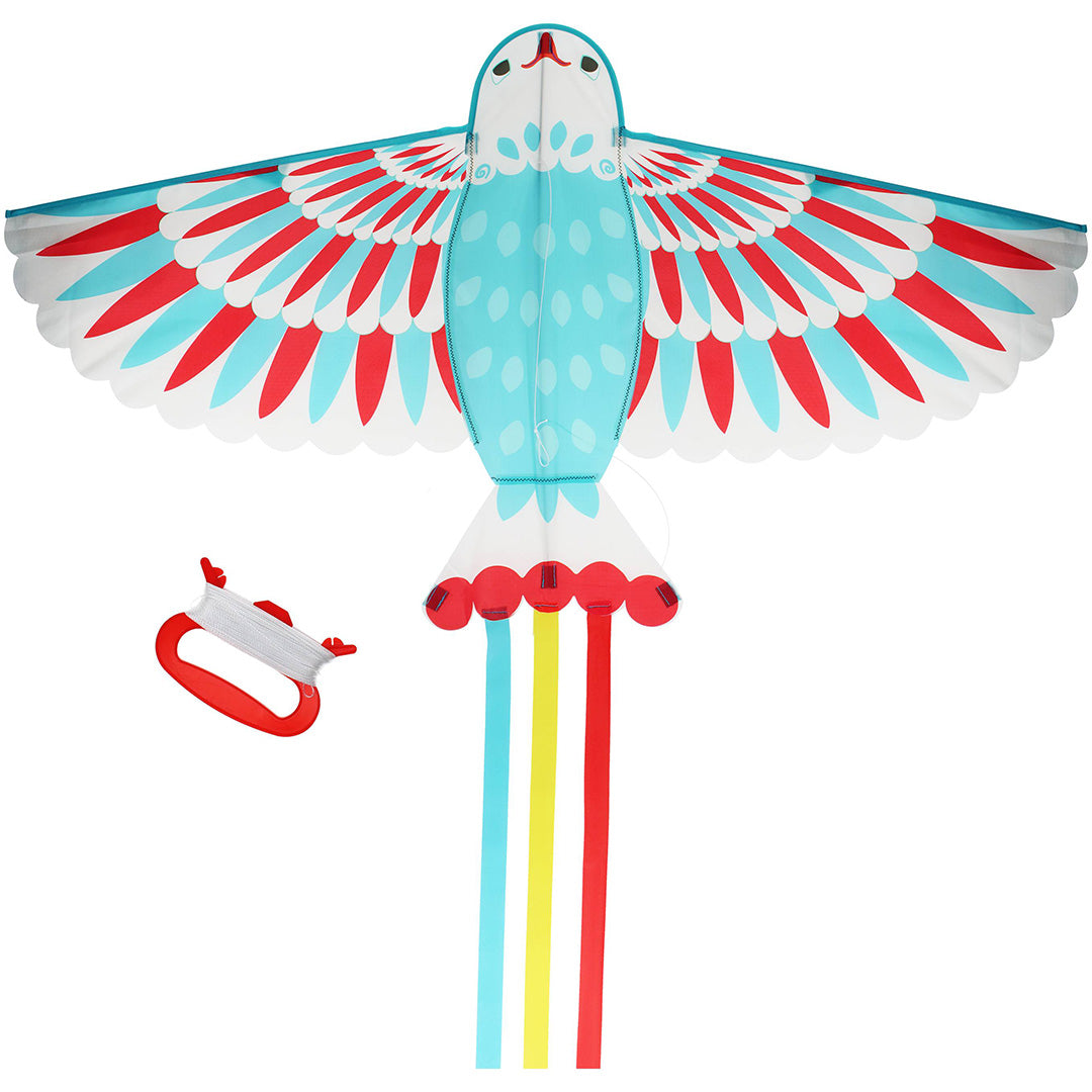 Rex London vogelvormige vlieger in blauw, rood en wit, met de opgerolde lijn ernaast.