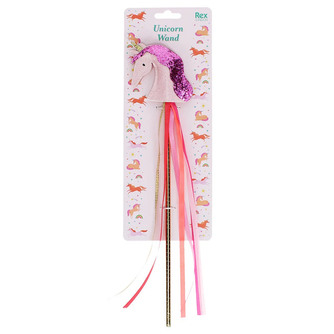 Rex London eenhoorn toverstaf met roze glitter en linten op de verpakking.