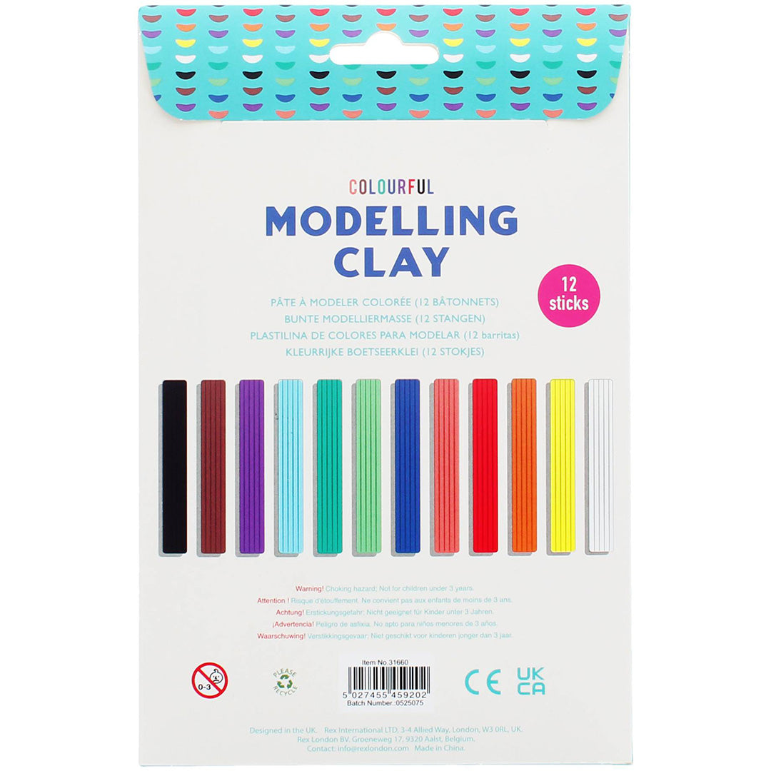 Achterkant van de Rex London Colourful Modelling Clay verpakking met productinformatie en gekleurde kleisticks.