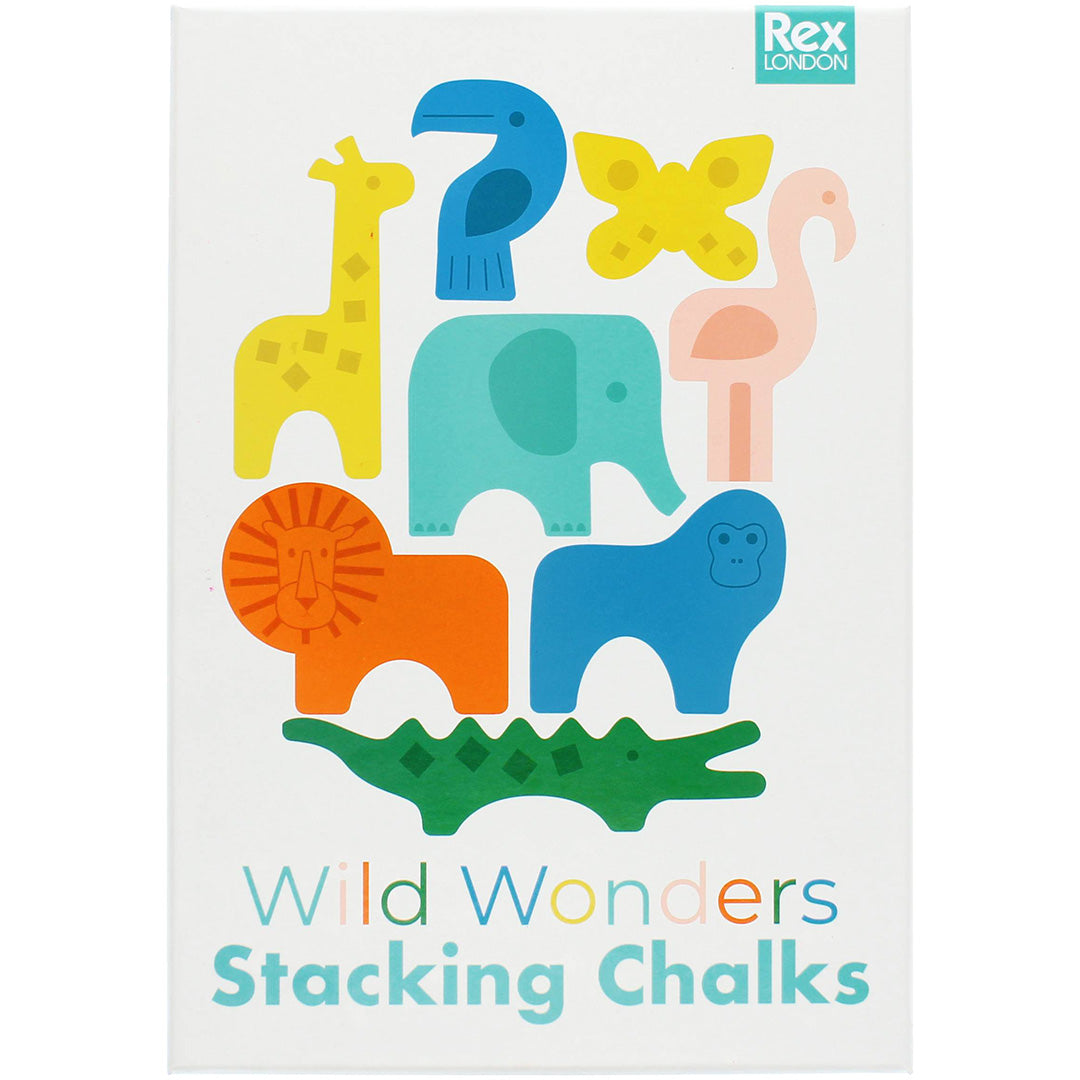 De voorkant van de Rex London Wild Wonders Stacking Chalks verpakking met illustraties van de dieren.