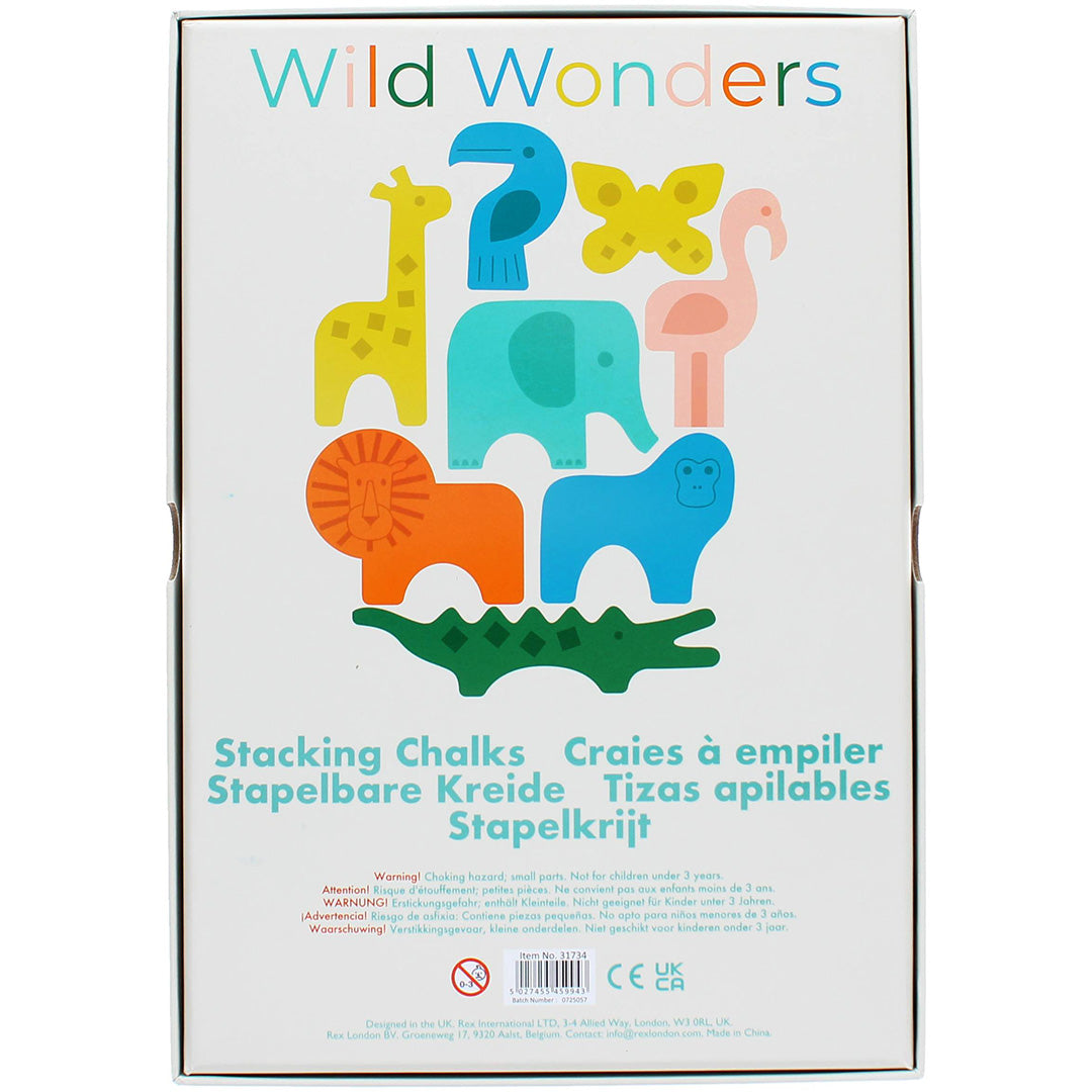 De achterkant van de Rex London Wild Wonders Stacking Chalks verpakking met productinformatie en meertalige tekst.
