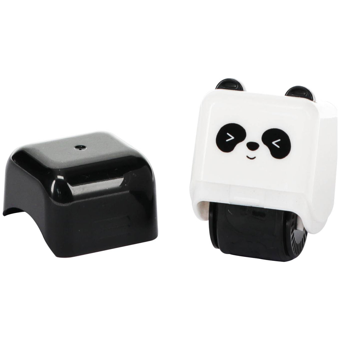 Rex London panda stempelroller, gedemonteerd, met de witte bovenkant en zwarte rol ernaast.