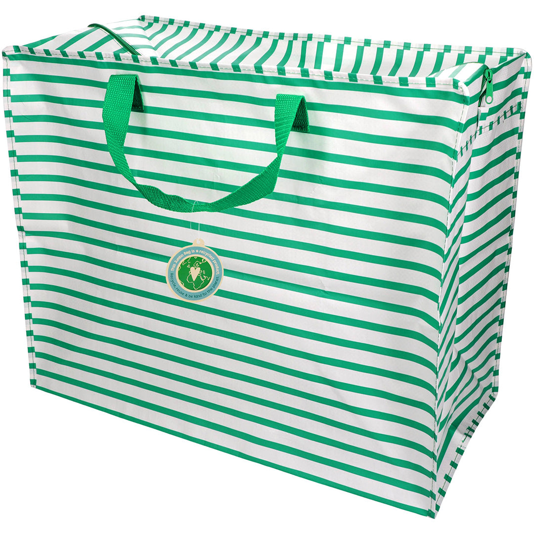 Rex London jumbo opbergtas met groene en witte strepen en groene handvatten.