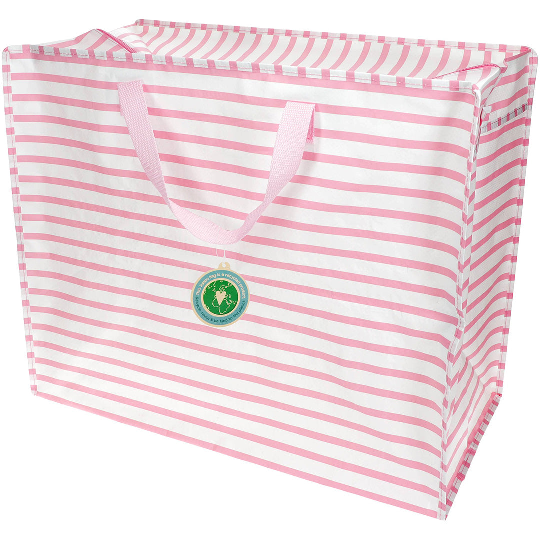 Rex London jumbo opbergtas met roze en witte strepen en een groen label.