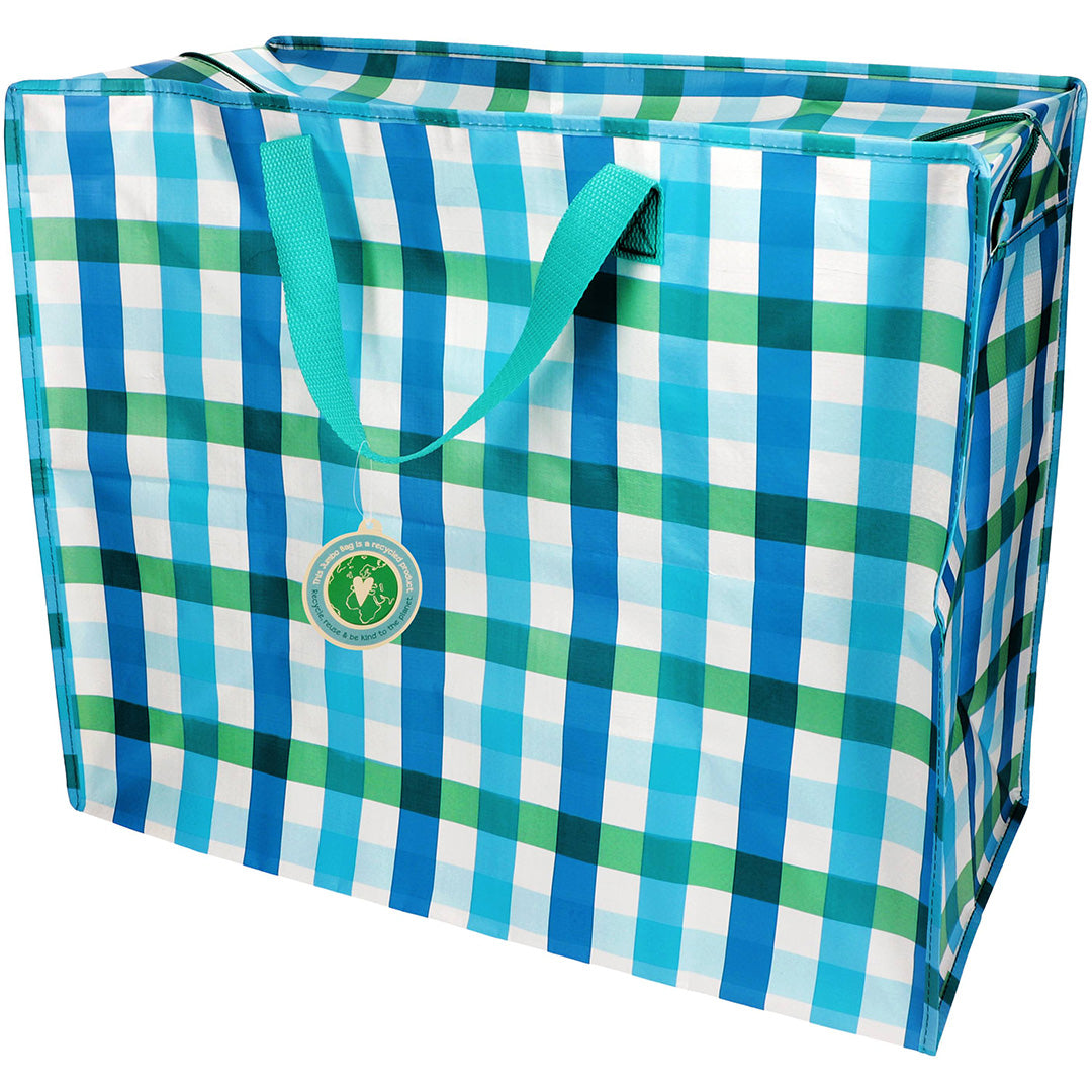 Rex London jumbo opbergtas met blauw en groen geruit patroon.